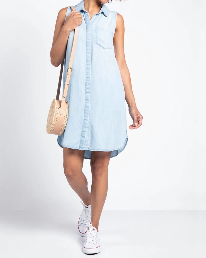 Front of a model wearing a size L Reef Point Dress In Jolie Wash in Jolie Wash by Thread & Supply. | dia_product_style_image_id:345377